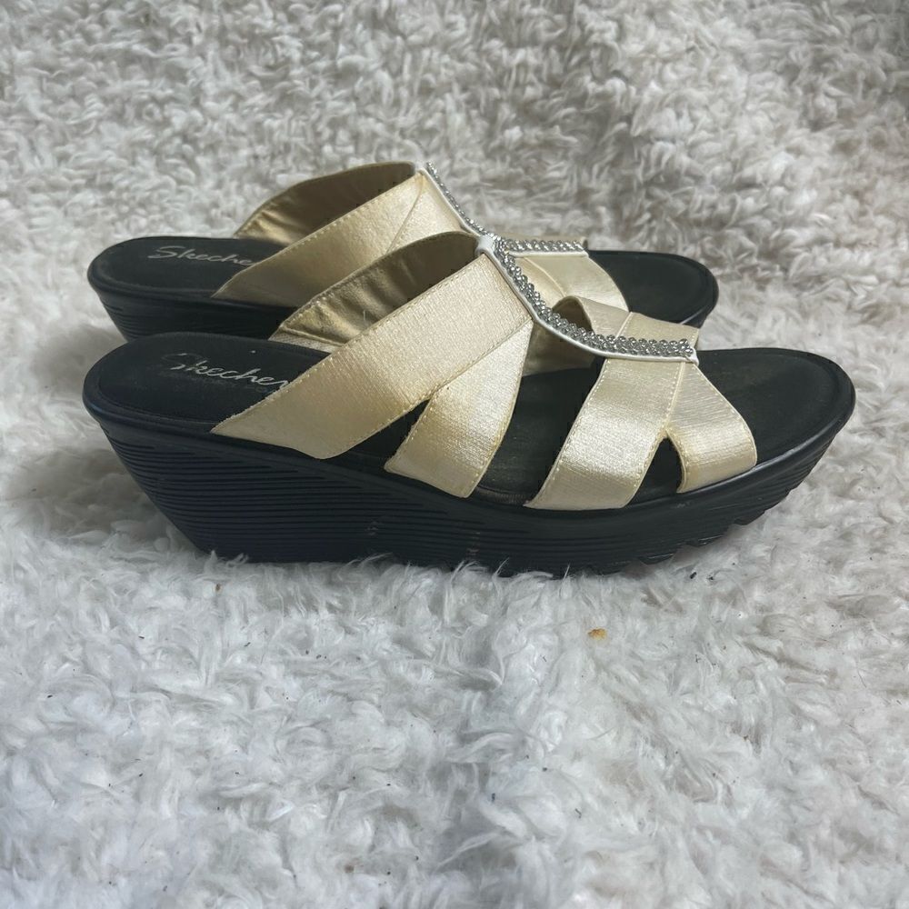 Skechers Fabric Beige Satin slip on wedge Straps Sandals Rhinestones accent SZ9